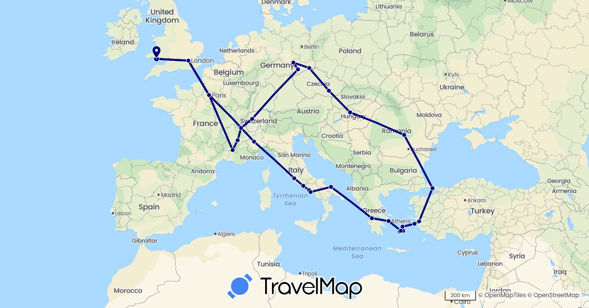 TravelMap itinerary: driving in Switzerland, Czech Republic, Germany, France, United Kingdom, Greece, Hungary, Italy, Romania, Turkey (Asia, Europe)